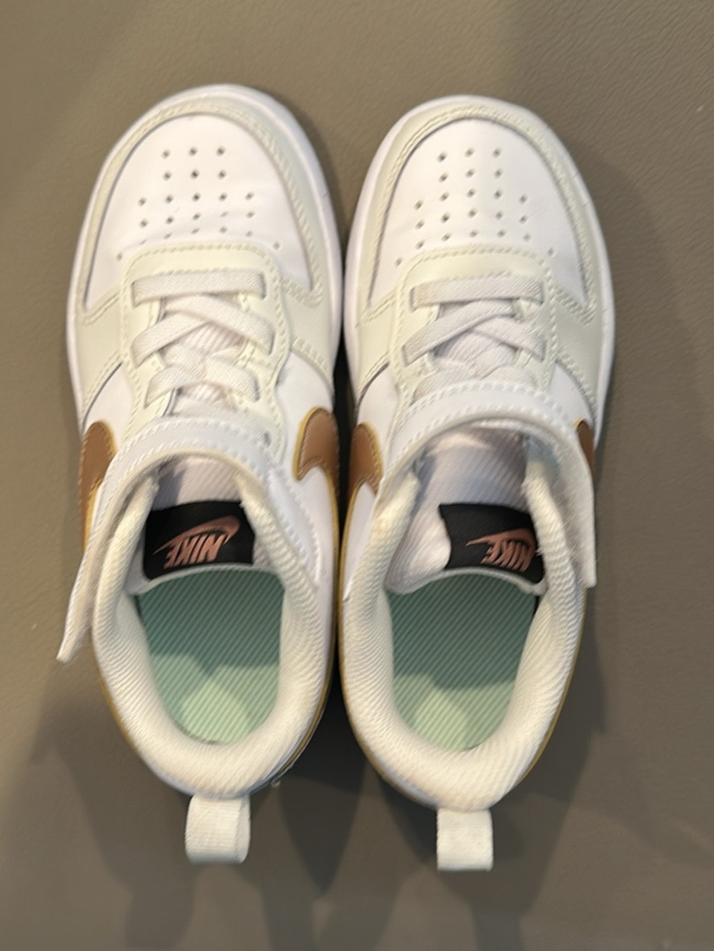Nike Kids White Sneakers with Tan Swoosh and Mint Insole